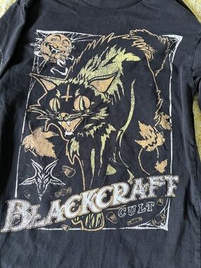 Blackcraft Cult Vintage Halloween Cat Black Long Sleeve Shirt Skeleton Sleeves